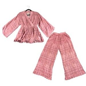 Romualda Pink Geometric Print Kimono Sleeve Wrap Peplum Blouse & Pants Set Sz S
